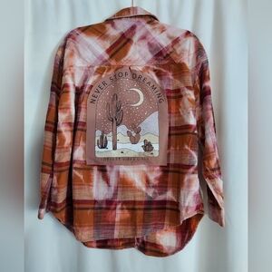Upcycled Women's Flannel Shirt - Orange and Pink With Graphic